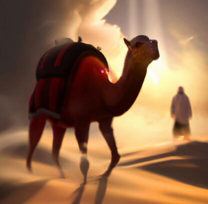 A tuareg in a camel on a sand dune